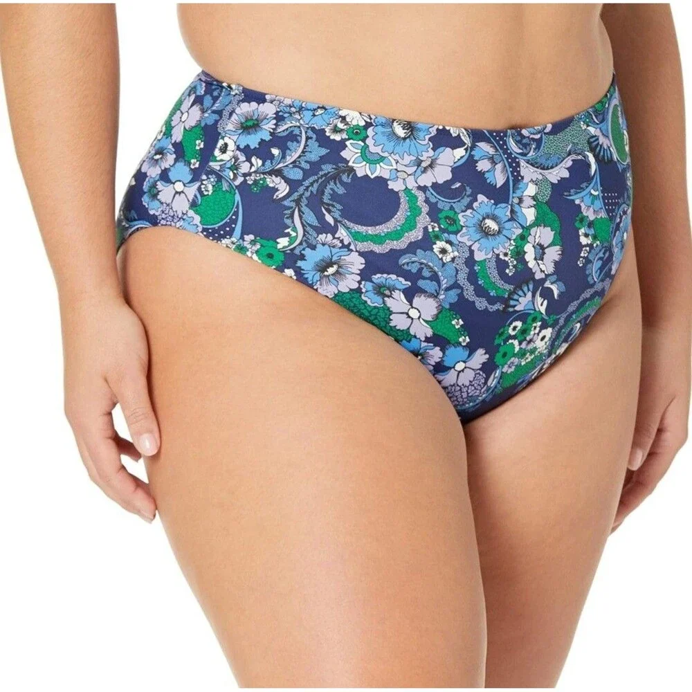 Essentials‎ High Waist Bikini Bottom Women's XL Deep Blue Paisley NEW